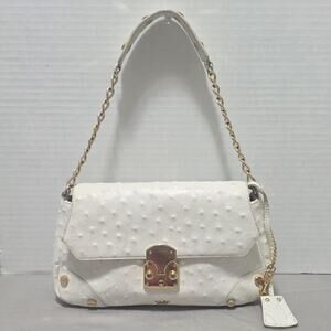Elaine Turner White Ostrich Embossed Leather Shoulder Bag Gold Chain Hardware